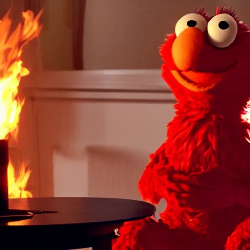 Prompt: Elmo sitting a table the room around him on fire, Elmo is calm thinking this is fine