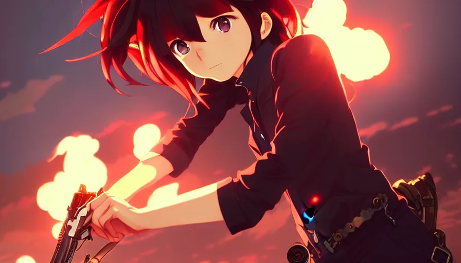 Image similar to makoto shinkai, artgerm, ilya kuvshinov, steampunk beautiful anime woman, red shirt brown pants, black and red hair hair, symmetrical face, symmetrical eyes, action scene, shooting fire war, detailed, summer setting, cinematic lighting