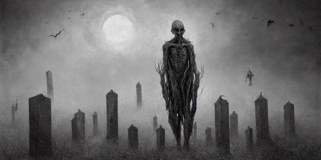 Image similar to demonic alien with long fingers surrounded by tombstones and floating cows, Beksinski