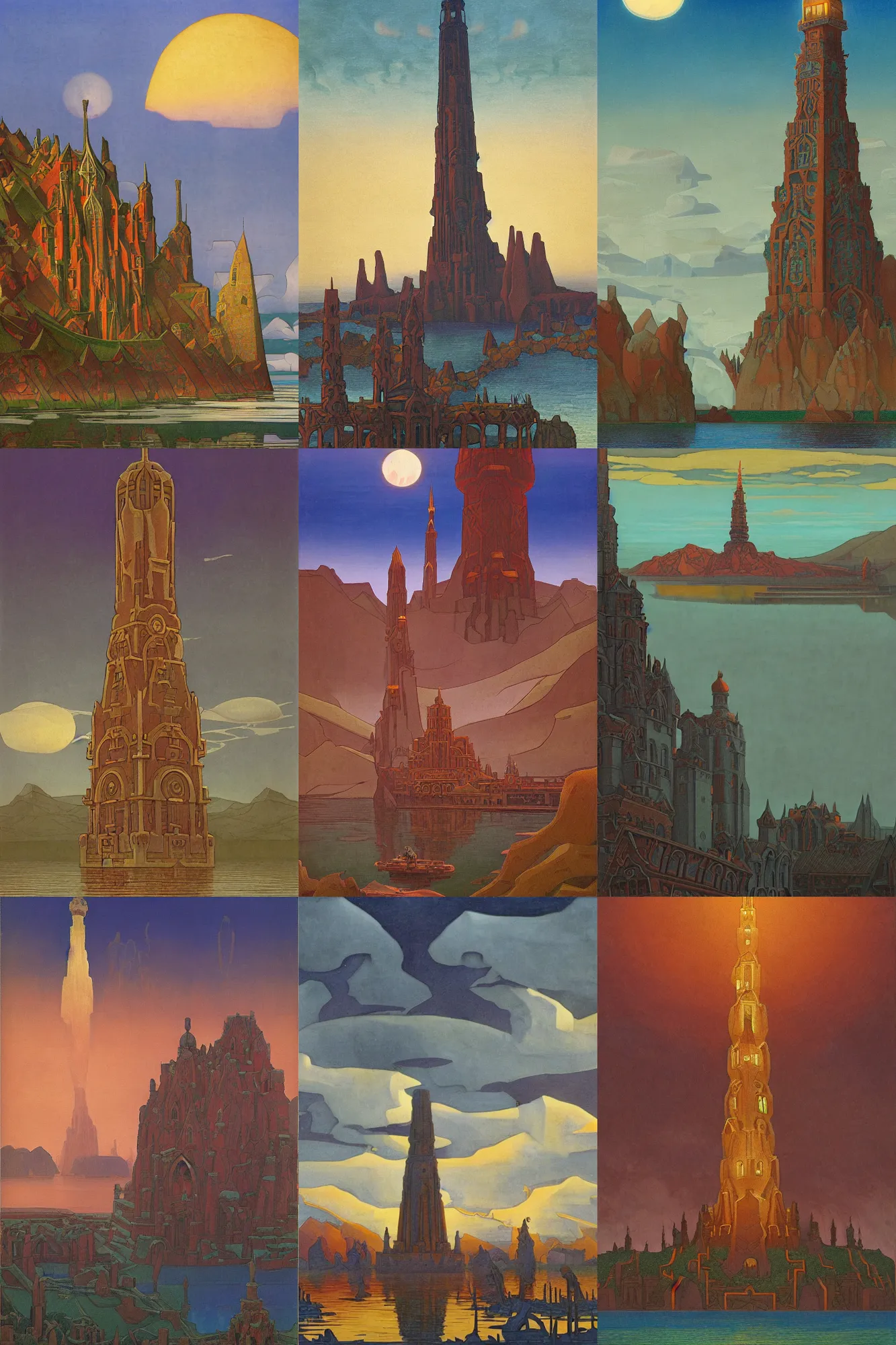 Prompt: the iron tower rising from the lake, dramatic cinematic lighting, ornate carved architecture, rich colors, by Nicholas Roerich and William Dyce and ford madox brown and April Gornik and Caspar David Friedrich and Diego Rivera and Tyler Edlin and Ivan Bilibin, featured on artstation