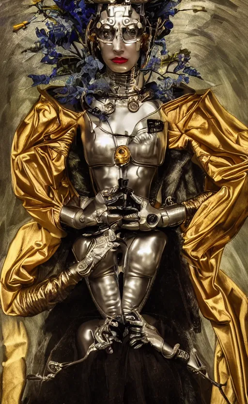 Prompt: the masked cyborg queen, elegant, fashion, vogue poses, striking composition, highly detailed ornate sci fi background, vivid details, amalgamation of nature and technology, wires, glowing tubes, beautiful composition, painting in the style of sandro botticelli, caravaggio, albrecth durer, 8k