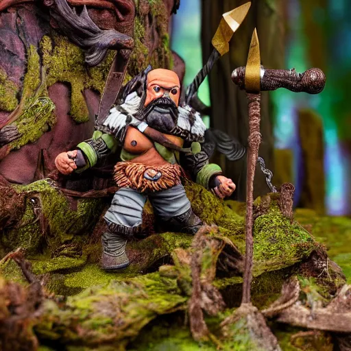 Image similar to high - res photograph of a claymation sculpture action figure warrior dwarf, highly detailed sculpey diorama, forest setting, waterfall backdrop, smooth, sharp foccus, commercial product photography,