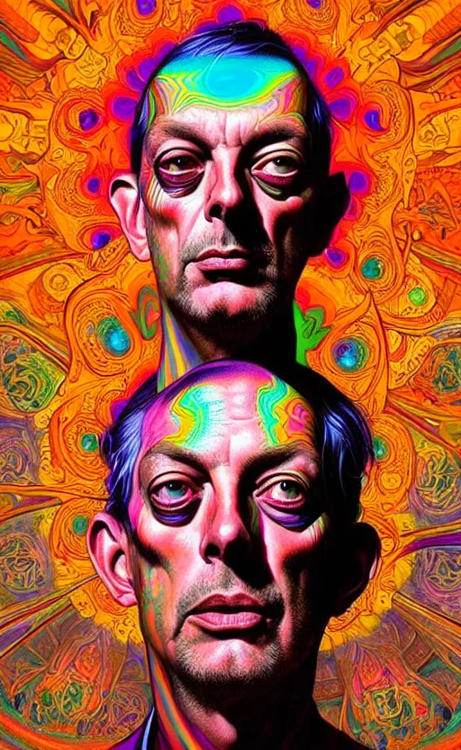 Image similar to An extremely psychedelic portrait of larry harvey, colorful, surreal, dramatic lighting, magic mushrooms, psilocybin, LSD, face, detailed, intricate, elegant, highly detailed, digital painting, artstation, concept art, smooth, sharp focus, illustration, art by Krenz Cushart and Artem Demura and alphonse mucha