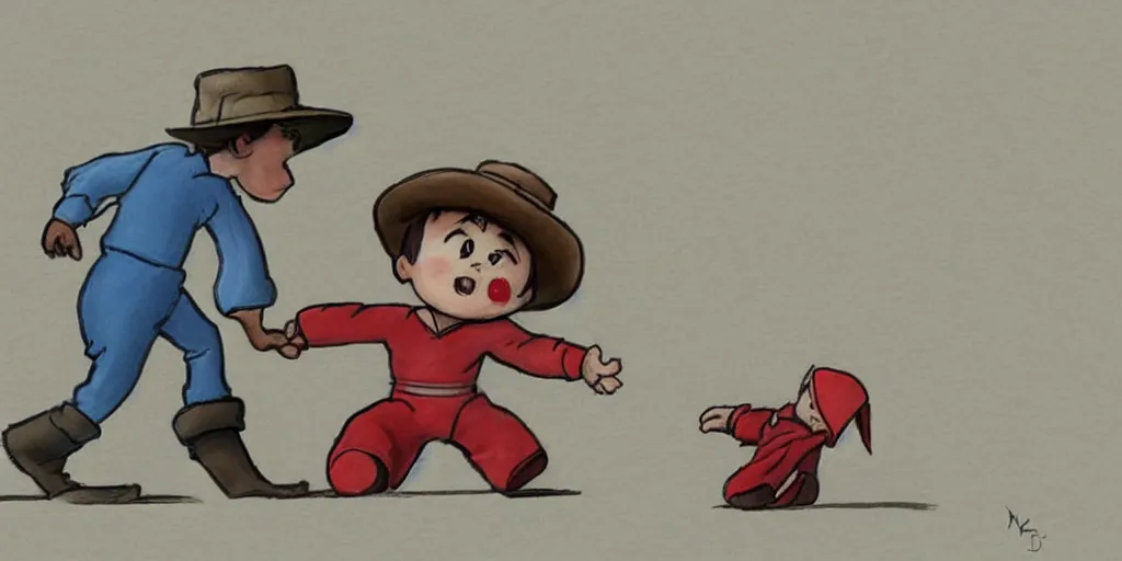 Prompt: A little boy in a hat drawn in the style of realism tells a story to his sister in the style of Disney that he saw a man on the moon who puts photos of fallen Marvel heroes of the Soviet Union on the roads, art 4k