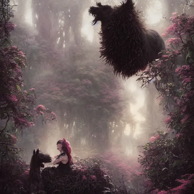 Image similar to highly detailed portrait of goth alpacas, eyeshadow, goth makeup, piercings, unreal engine, dark fantasy art by greg rutkowski, loish, rhads, ferdinand knab, makoto shinkai and lois van baarle, ilya kuvshinov, rossdraws, tom bagshaw, alphonse mucha, global illumination, radiant light, detailed and intricate environment