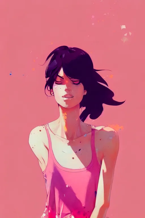 Image similar to a ultradetailed beautiful painting of a stylish woman in a pink tank top, by conrad roset, greg rutkowski and makoto shinkai trending on artstation