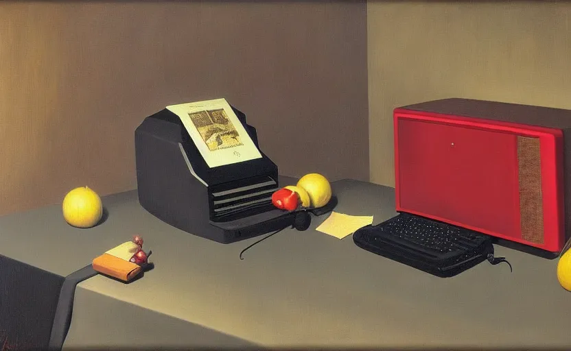 Image similar to an achingly beautiful still life featuring tillamook cheese, and red wine and an old computer by Raphael, Hopper, and Rene Magritte. detailed, romantic, enchanting, trending on artstation.