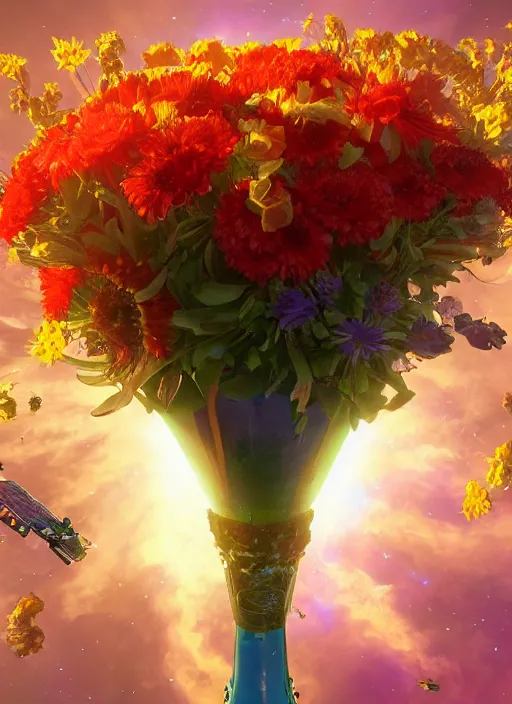 Image similar to An epic fantastic realism comic book style painting of the most beautiful flowers launched into space, bouquets, solar eclipse, fisheye, unreal 5, DAZ, hyperrealistic, octane render, dynamic lighting