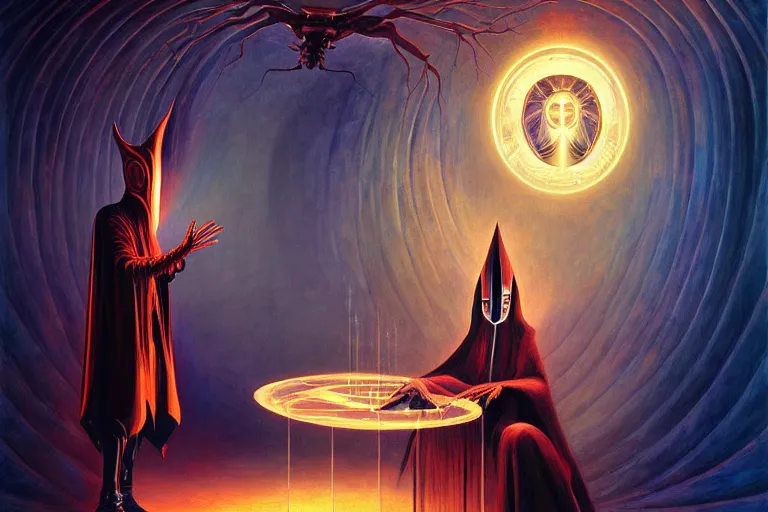 Image similar to a beautiful masterpiece painting of a cybernetic wizard discussing sentience with his AI by Remedios Varo and Anato Finnstark and Greg Rutkowski