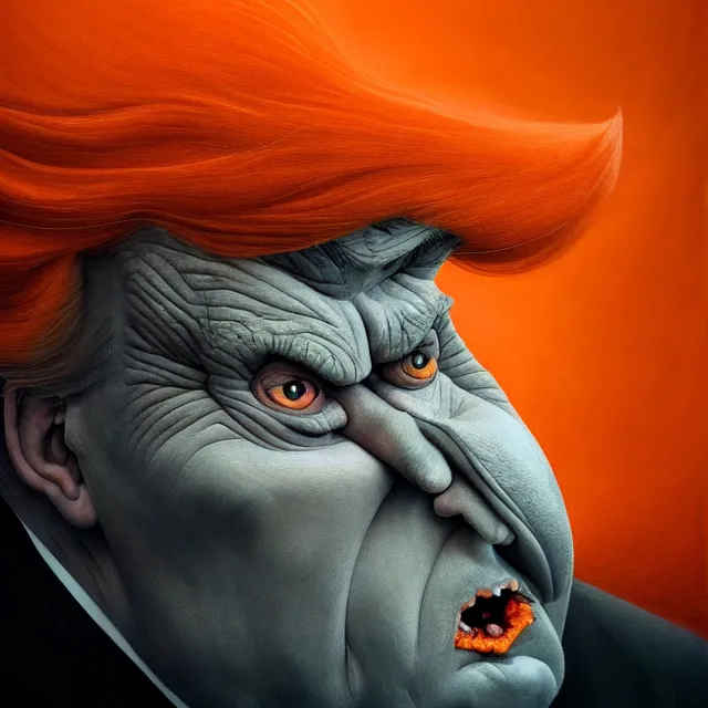 Image similar to gediminas pranckevicius | close up portrait of a evil trump with orange hair in the sinister valley of despair, one mouth, one nose, two eyes, oil painting by tomasz jedruszek, cinematic lighting, pen and ink, intricate line, hd, 4 k, million of likes, trending on artstation