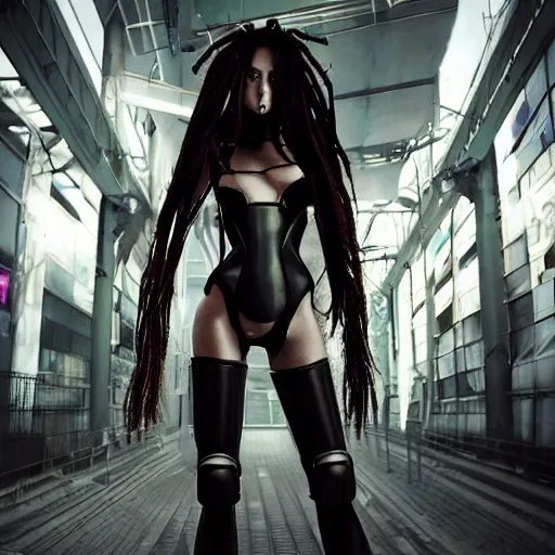 Image similar to epic photograph. Tokyo 2094. cyberpunk vampire girl, Army exoskeleton fashion, Robotic mech parts, Eye shine. dreadlocks, model standing, rim light, fill light. Studio, solid color background. Octane render, hyper-realistic, 8K, art photography, denoised photorealistic render, insanely detailed intricateby charlie bowater, mandy jurgens, gustav klimt, octane render, 4k, high detail, by tom bagshaw, powerful