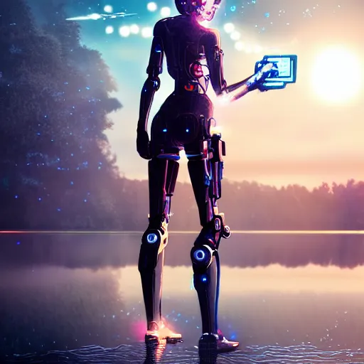 Image similar to ellen paige as a beautiful cyborg - angel girl standing on a lake, rainfall, biomechanical details, digital cyberpunk anime art, full body shot, reflections, lens flare, wlop, ilya kuvshinov, artgerm, krenz cushart, greg rutkowski