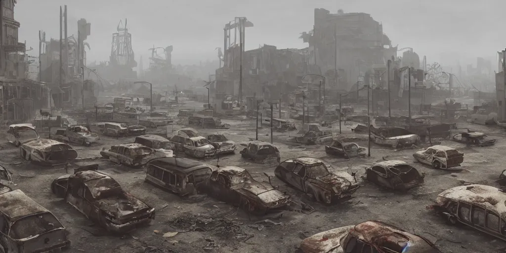 Image similar to wide angle shot of dilapidated fallout 5 city in real life, desolate dilapidated town, empty streets, nightmarish, some rusted retro futuristic fallout style parked cars, overcast, blankets of fog pockets, rain, volumetric lighting, beautiful, daytime, autumn, sharp focus, ultra detailed, cgsociety