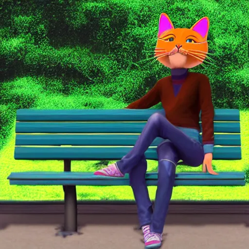 Prompt: 3 d photo of bill cosby with cat ears and long hair looking to her side, sitting on a bench with a park behind her, bokeh, shader, anime art style, highly detailed, cel - shaded, colorful, animated, trending