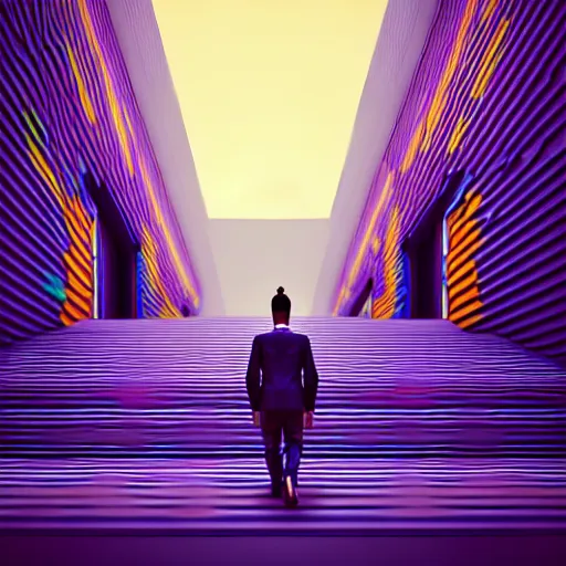 Prompt: photo - realistic, painting of a man walking alone in the boulevard of psychedelic dreams, trippy stairs in the background, hyper detail, sharp, in the style of beeple, mobeius, rule of thirds, unreal engine