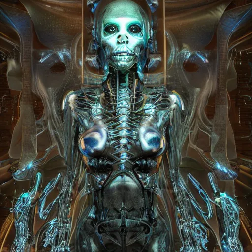 Image similar to machine elfs, abstract, decay, giger textures, ghostly figure, morphing skulls, bone and teeth with cosmic circuitry and futuristic technology rearranging body form, abstract, voodoo, ultra realistic, hyper realism, 1 2 k, epic, octane render, unreal engine, vfx, maya, alex grey