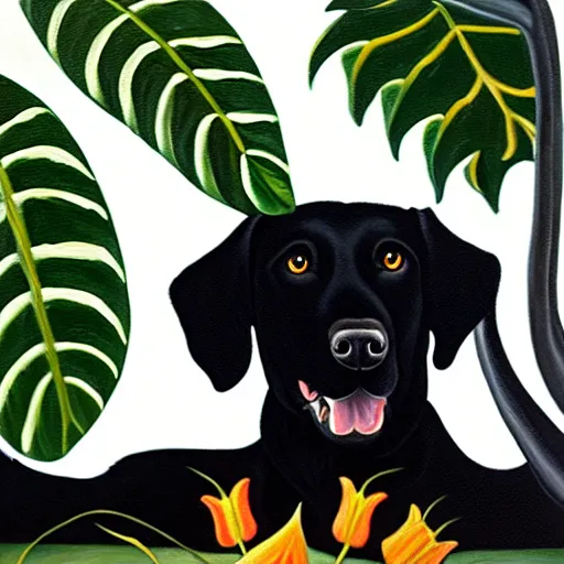 Prompt: oil painting of a black dog bearing its fangs next to white brugmansia suavolens flowers, with a dark background