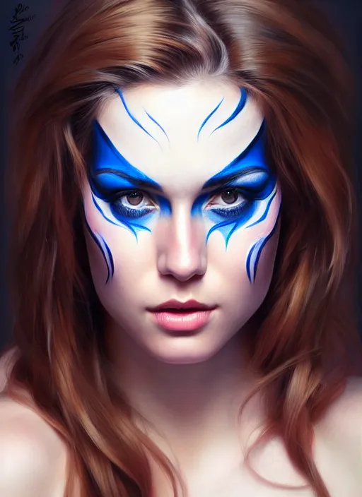 Image similar to full body photo of a gorgeous young woman in the style of stefan kostic, wild face painting, realistic, sharp focus, 8k high definition, insanely detailed, intricate, elegant, art by stanley lau and artgerm