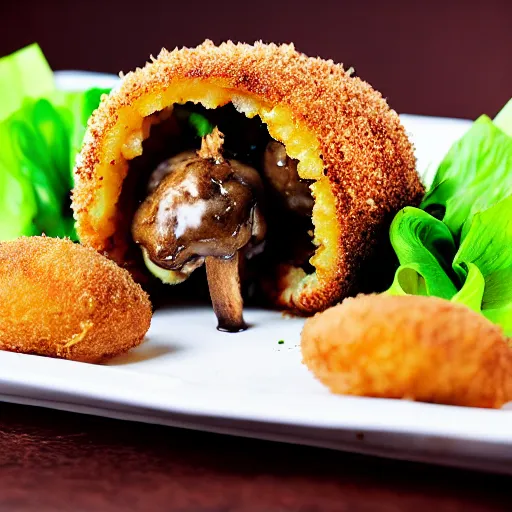 Image similar to deep fried mushrooms stuffed with deep fried mushrooms stuffed with deep fried mushrooms stuffed with deep fried mushrooms stuffed, delicious meal, studio photo