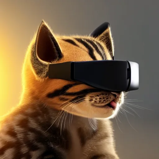 Image similar to crypto trading lyoki kitten from the future, wearing a cool vr headset 8 k hyperrealistic, trending on artstation