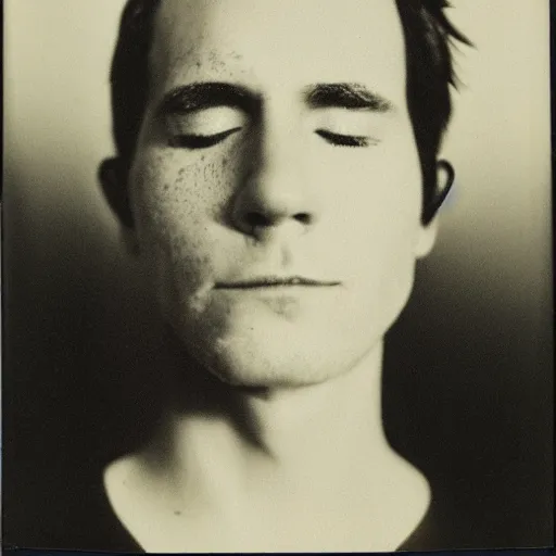 Prompt: a professional polaroid portrait photo of a man with an asymmetrical face with his eyes closed. the man has black hair, light freckled skin and a look of confusion on his face. extremely high fidelity. key light.