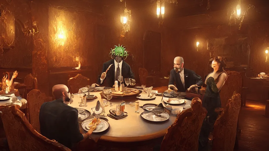 Image similar to a beautiful painting of cthulu dining at a fancy restaurant sitting across the table from a woman | unreal engine :. 4 | global illumination, radiant soft light, detailed, intricate :. 6