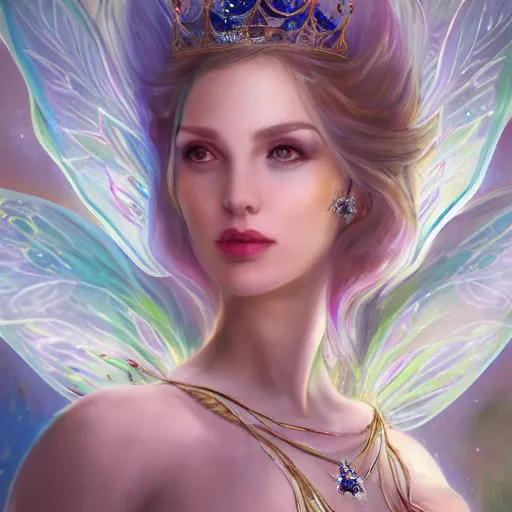 Image similar to detailed portrait of a fairy queen with wings wearing a silk robe and a cover for her face, crown, pixie, iris, realism, emerald, galaxy, sapphire,blonde hair going down to the floor, moonlit, dark fantasy, dramatic lighting, cgsociety, artstation