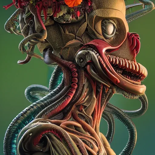 Prompt: head and shoulder portrait of xenomorph alien, surrounded by hummingbirds and fine floral ornaments, eye - level medium - angle shot, floral background, by esao andrews, by m. w. kaluta, by yoshita amano, by giger, moody evening lighting, smooth, 3 d octane render, depth perception, 4 k, artstation