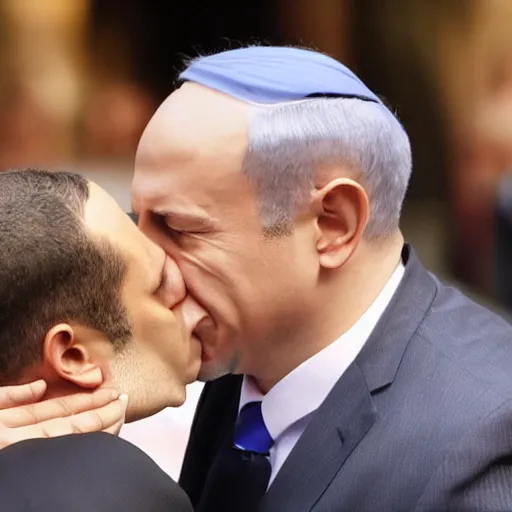 Image similar to benjamin netanyahu kissing naftali bennet, realistic, detailed