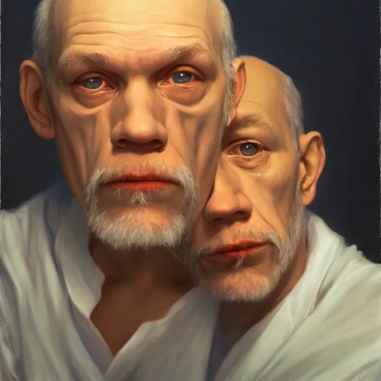 Image similar to John Malkovich as John Malkovich as he paints John Malkovich, by Rene Magritte and Edward Hopper, soft lighting, serene, 8k