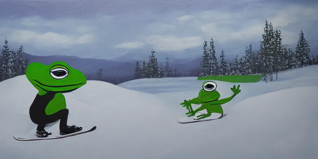 Image similar to pepe the frog snowboarding, gloomy landscape, painted by christopher radlund