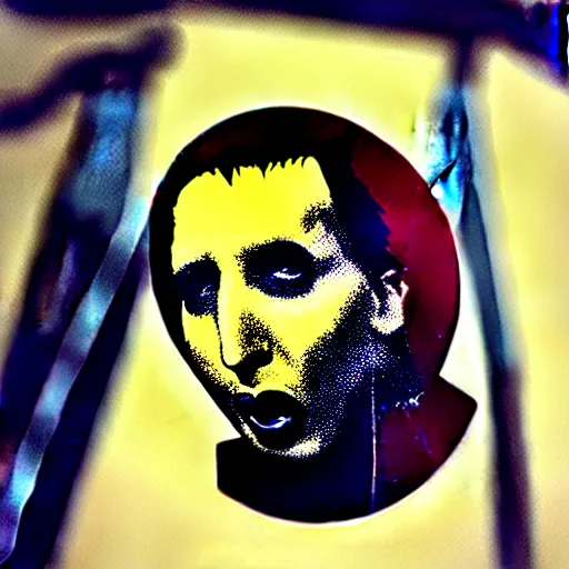 Image similar to painting on a badge!!!!, photo of a marilyn manson, punks not dead!!!!, exploited!!, clash, junk yard, rats!!, god save the queen!!!, punk rock album cover art style, grunge, no future!!!!