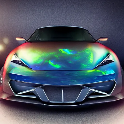 Prompt: a car that shines like Opal gemstone in a dark background. professional digital matte painting.