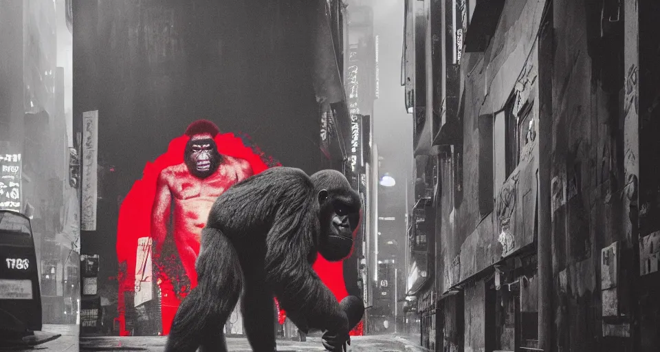 Image similar to gorilla wearing a red akira jacket, walking down a blade runner street, looking suspicious, by ash thorp