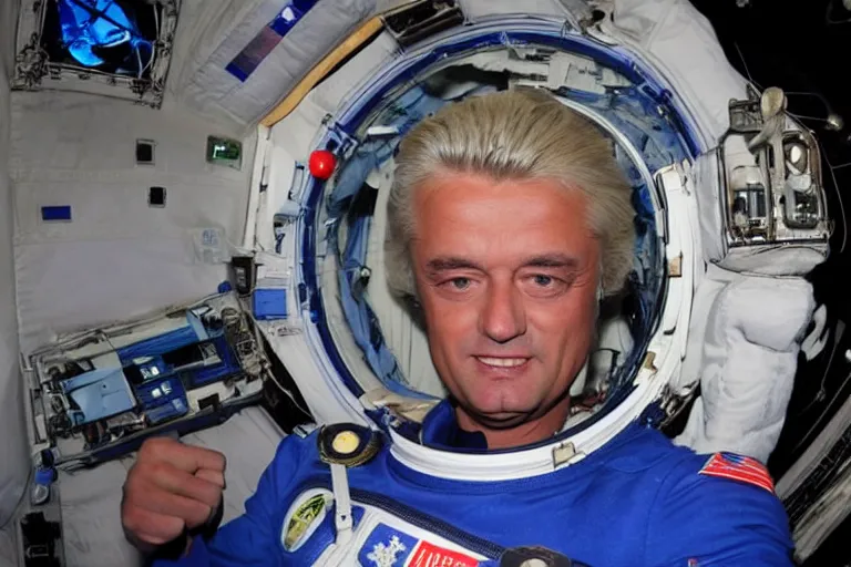 Image similar to geert wilders in space station wearing space suite