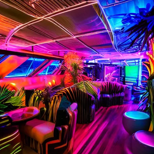 Image similar to architectural digest photo, inside dark and moody crowded futuristic neon tiki bar inside a yacht, many large tropical plants, open dance floor and dj booth, blue lighting with small pastel orange and pink accent lights, crowd of cool people dancing