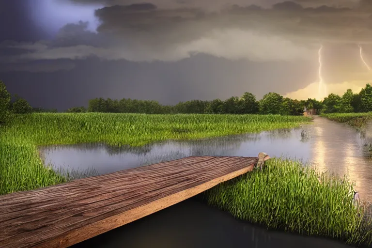 Prompt: pond with a weathered wooden dock, lightning strike in the background detailed, hyper realistic oil painting, intricately detailed, face, full lips, smiling eyes, 8 k, diffuse lighting, cinematic