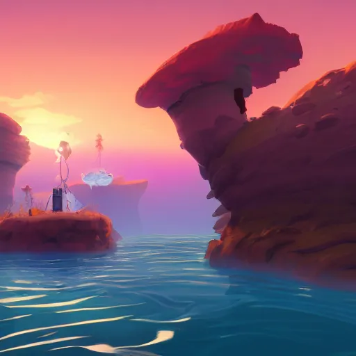 Prompt: worlds adrift game screenshot of a sunset on a floating island, artstation, concept art