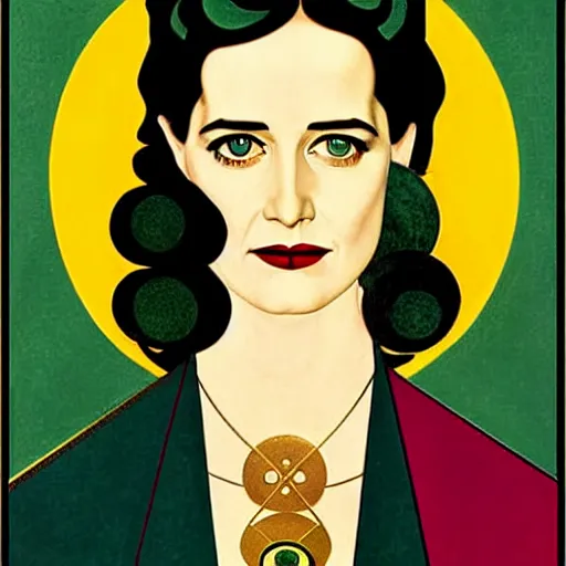 Prompt: Eva Green, Art by Coles Phillips, Gilded outfit, Jet black hair, Green eyes, Portrait of the actress, Eva Green as Space Commander Alpha from the Year 4000, geometric art, poster, no text, Mucha, Kandinsky, carbon blac and antique gold