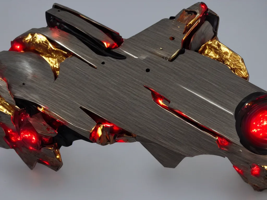 Image similar to futuristic weapon made of brushed metal, chrome and carbon, intricate gold linings, red leds