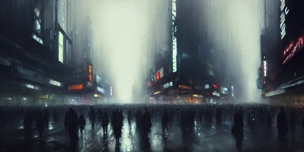 Prompt: beautiful painting by jeremy mann, large crowd in a cyberpunk street, still from blade runner movie, desaturated, oil painting, perfect composition, detailed octane render trending on artstation, volumetric fog, ominous, unsettling, 8 k artistic photography, volumetric cinematic perfect light