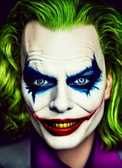 Image similar to photo of Margot Robbie as the Joker by Annie Leibovitz, head shot, detailed, award winning, Sony a7R