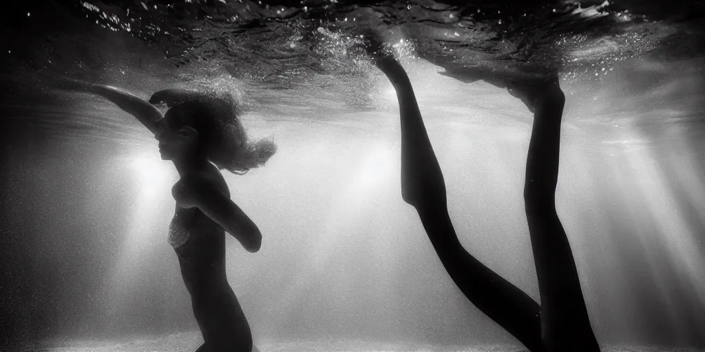 Prompt: portrait of female model in deep trench , swimming toward the sun rays and caustics, film , cinematic, black and white underwater photography