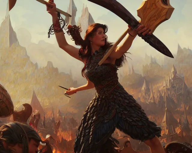 Image similar to giant axe throwing contest, deep focus, d & d, fantasy, intricate, elegant, highly detailed, digital painting, artstation, concept art, matte, sharp focus, illustration, hearthstone, art by artgerm and greg rutkowski and alphonse mucha