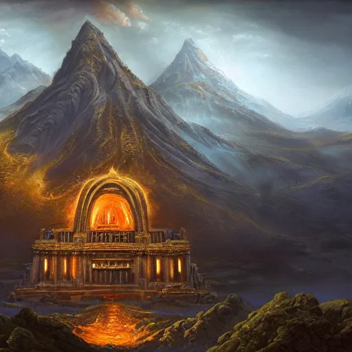 Image similar to A beautiful hyper realistic detailed matte painting of a volcanic mountain shrine to the god Cthulhu with a beautiful ornate treasure chest with golden accents, dramatic lighting, dynamic lighting, cinematic lighting, lit by dusk lighting, by John Howe and Andreas Rocha, unreal engine, featured on artstation, featured on behance, ultrawide angle, f8