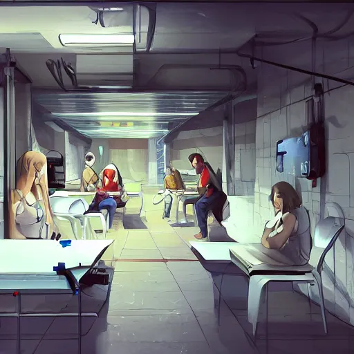 Image similar to break room underground, sterile, clean, digital art, trending on artstation, featured on Pixiv