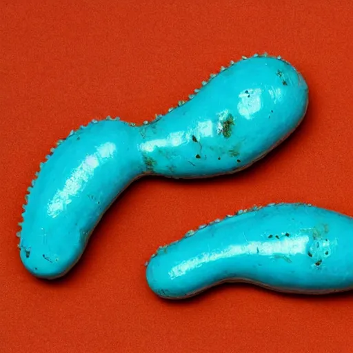 Image similar to a small turquoise sausage - shaped creature with two elongated stick - like heads from the front of its body