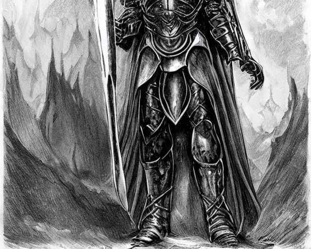 Prompt: sauron in full armour, concept art by mike ploog, greyscale,