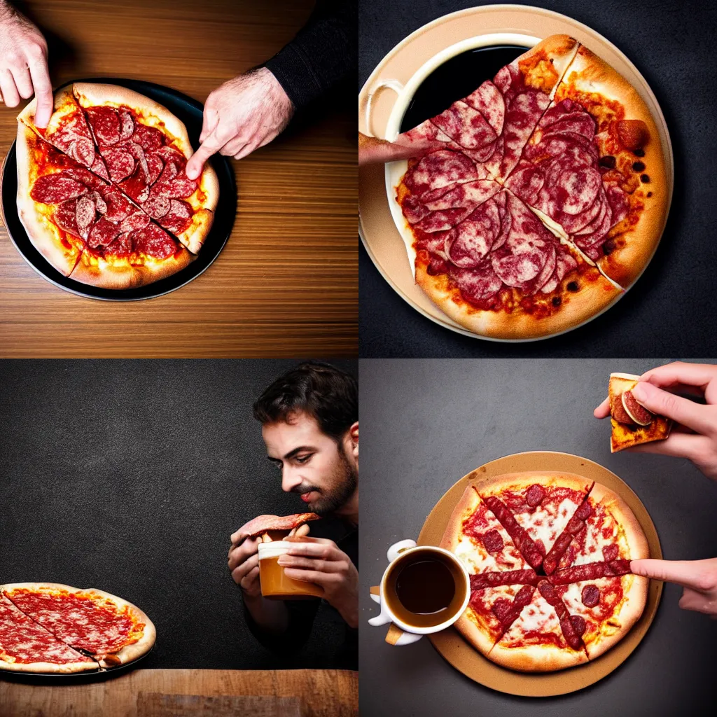 Prompt: a man dipping pizza salami in a cup of espresso, ultra realistic, beautiful, dark background, high contrast, smooth lighting,