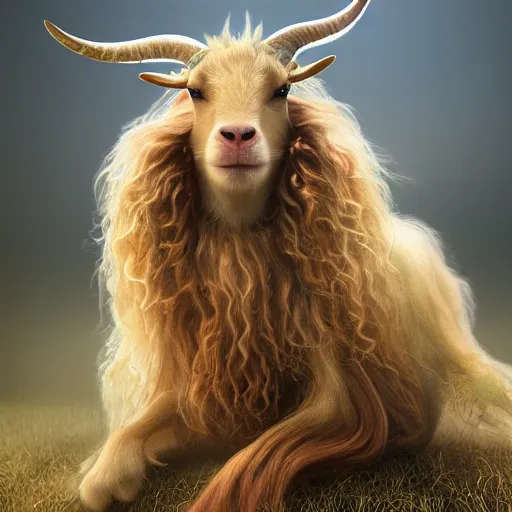 Image similar to real life photo of a beautiful Guernsey golden goat, full body photoshoot, curly golden hair, brown watery eyes, full round face, short smile, short horns, serene field setting, cinematic lightning, medium shot, mid-shot, highly detailed, trending on artstation, Unreal Engine 4k, 80mm, 85mm, cinematic wallpaper